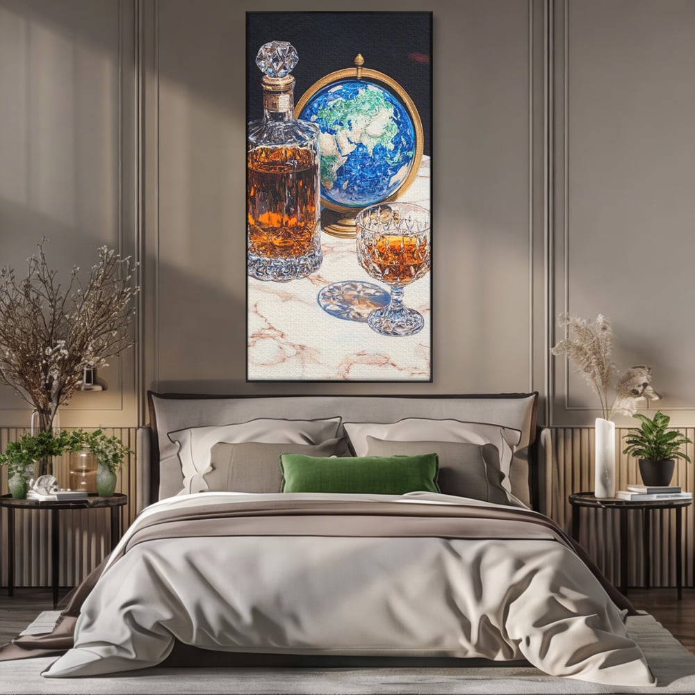Tablou canvas cu tablou canvas cu sticla de whisky si glob pamantesc, in rama de aluminiu negru, pe perete intr-un dormitor